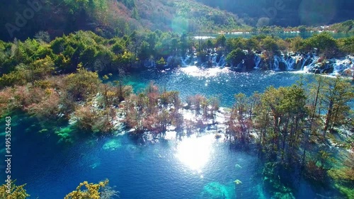 Breathtaking aerial views of Jiuzhaigou's vibrant landscapes and clear waters