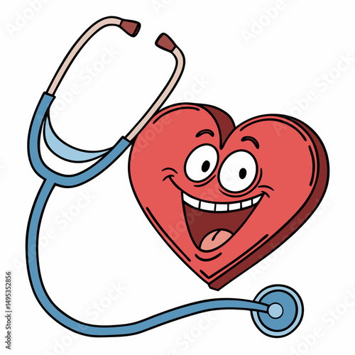 Funny cartoon stethoscope wrapping around heart and smiling happily