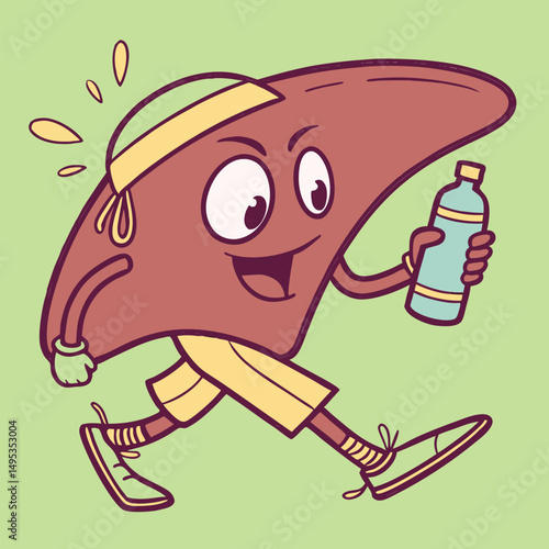 Cartoon liver character jogging with sweatband and water bottle