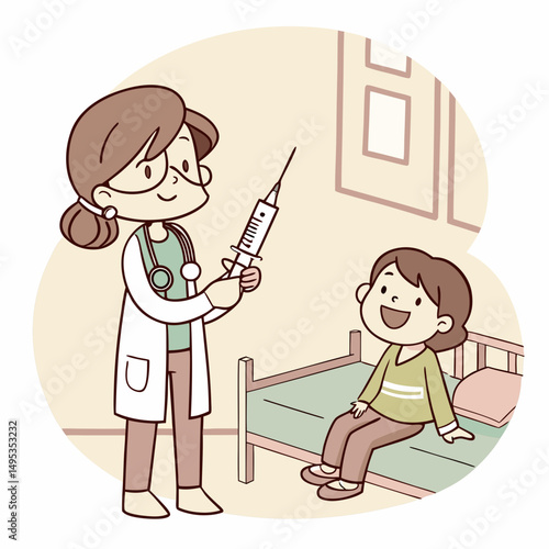 Cute cartoon doctor holding syringe with smiling patient beside bed