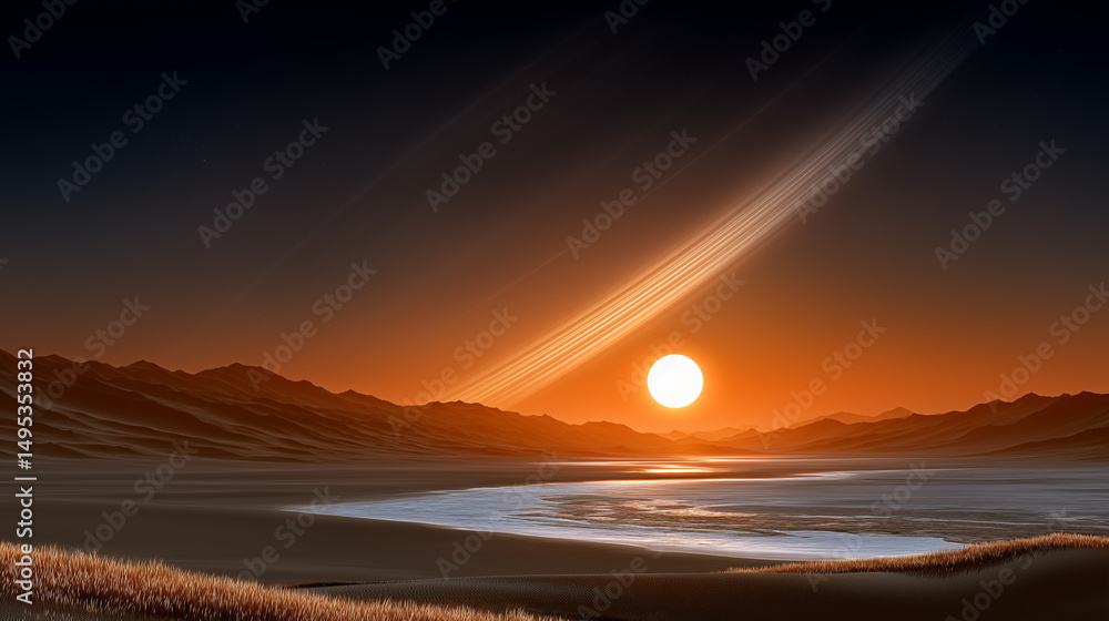 Fototapeta premium Celestial Sunset: A breathtaking celestial landscape unfolds, where an ethereal sun descends towards the horizon, casting its radiant glow upon the celestial rings and creating a serene atmosphere.