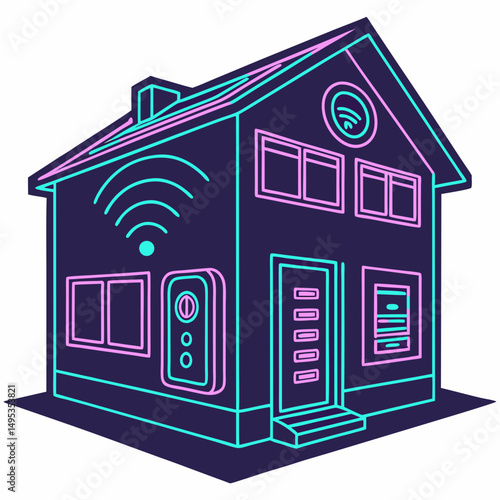 Futuristic smart home icon with neon lights and tech panels
