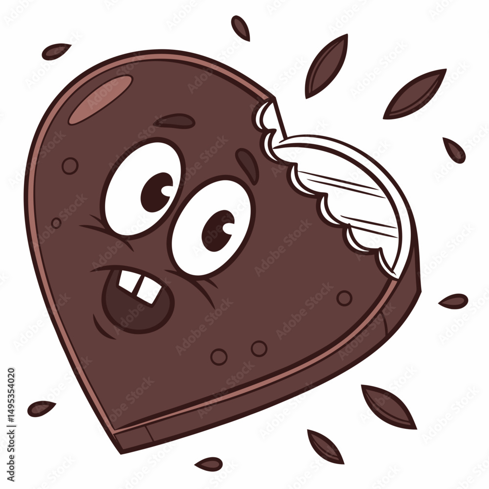 Obraz premium Chocolate heart icon with bite mark and cartoon eyes