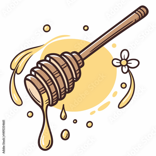 Sweet honey dipper icon with flowing golden cartoon honey