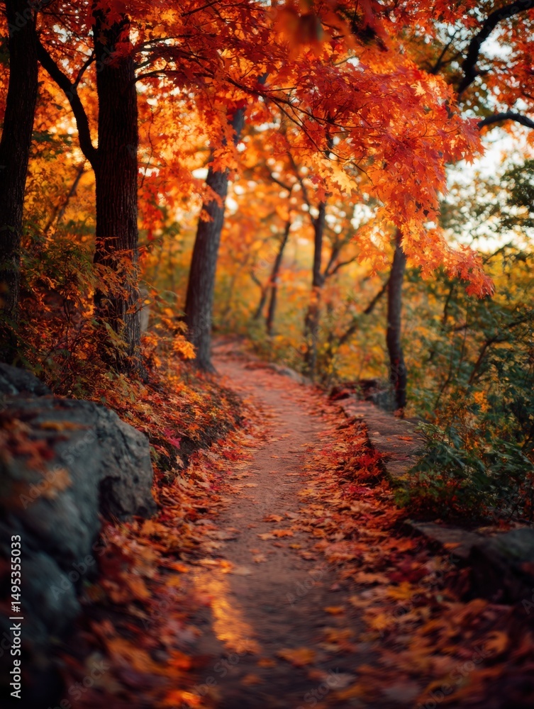 Autumn Path With Red Maple Leaves in Forest, Representing Seasonal Change and Outdoor Exploration, Perfect for Travel and Tourism Campaigns : Generative AI Autumn Path With Red Maple Leaves in Forest, Representing Seasonal Change and Outdoor Exploration, Perfect for Travel and Tourism Campaigns : Generative AI