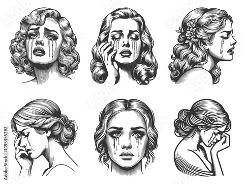 women crying showing deep sorrow and emotional distress Set collection bundle sketch engraving generative ai vector illustration. Scratch board imitation. Black and white image.