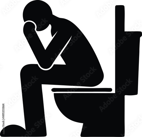 Silhouette of a person sitting on a toilet with their head in their hands in a black and white image
