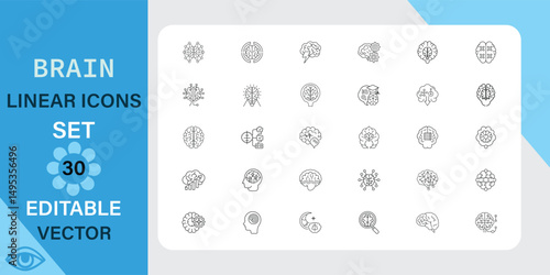Thirty Editable Brain Linear Icons Vector Graphics Set for Design