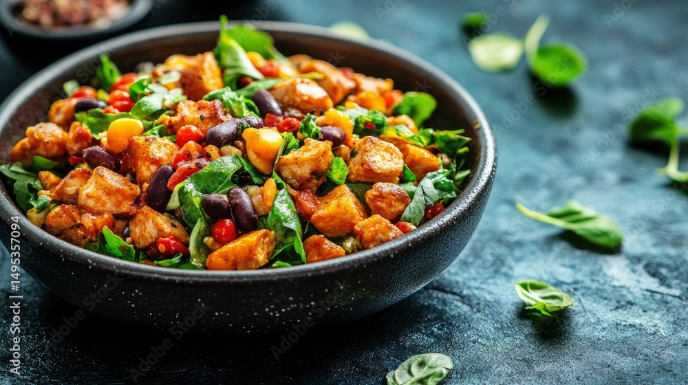 Delicious and Healthy Chicken and Bean Salad in a Black Bowl Delicious and Healthy Chicken and Bean Salad in a Black Bowl