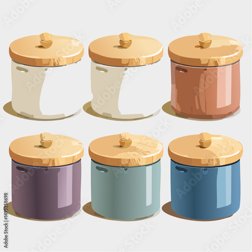 Modern Kitchen Canisters Set of Six Colorful Ceramic Containers with Wooden Lids