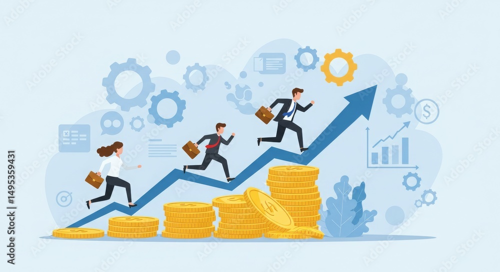 Illustration of business growth with figures climbing stairs of coins. Illustration of business growth with figures climbing stairs of coins.