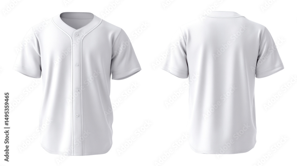 Unveiling the Blank Canvas: A photorealistic front and back view of a pristine, tailored baseball shirt, poised to be the stage for personal expression, designed to offer comfort and style. Unveiling the Blank Canvas: A photorealistic front and back view of a pristine, tailored baseball shirt, poised to be the stage for personal expression, designed to offer comfort and style.