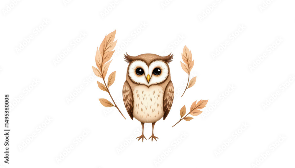 Naklejka premium Captivating closeup, an owl serenely perched on a leafy branch in nature's embrace