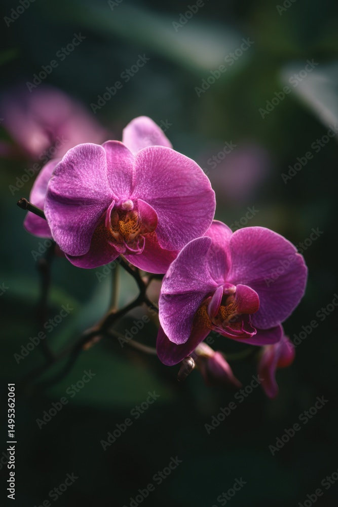 Obraz premium Close-Up of Vibrant Purple Orchid Flowers, Symbolizing Beauty and Delicate Wellness in a Natural Setting : Generative AI