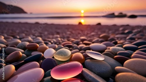 Polished sea glass and smooth stones scattered on seashore at pink sunset, pastel colored pebbles with ocean waves and golden light, concept of beachcombing coastal serenity