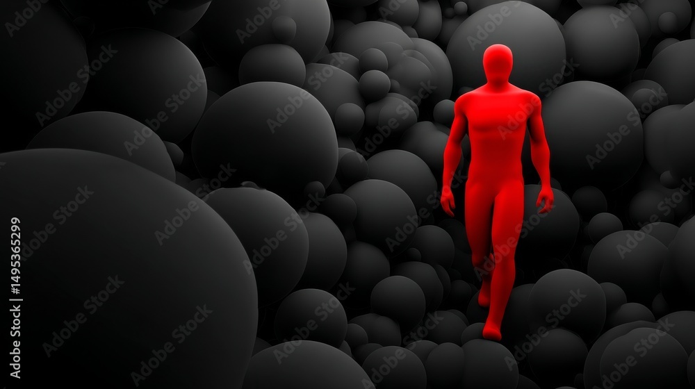 Fototapeta premium A red figure surrounded by black spheres represents the identification of insider threats