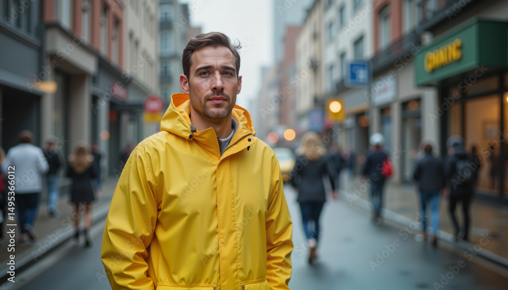 Fototapeta premium Determined man in yellow raincoat walking in urban rain, resilience