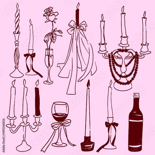 Hand Drawn Romantic Candle and Wine Doodle Clipart Set with Ribbons, Roses, and Pearls on Pink Background