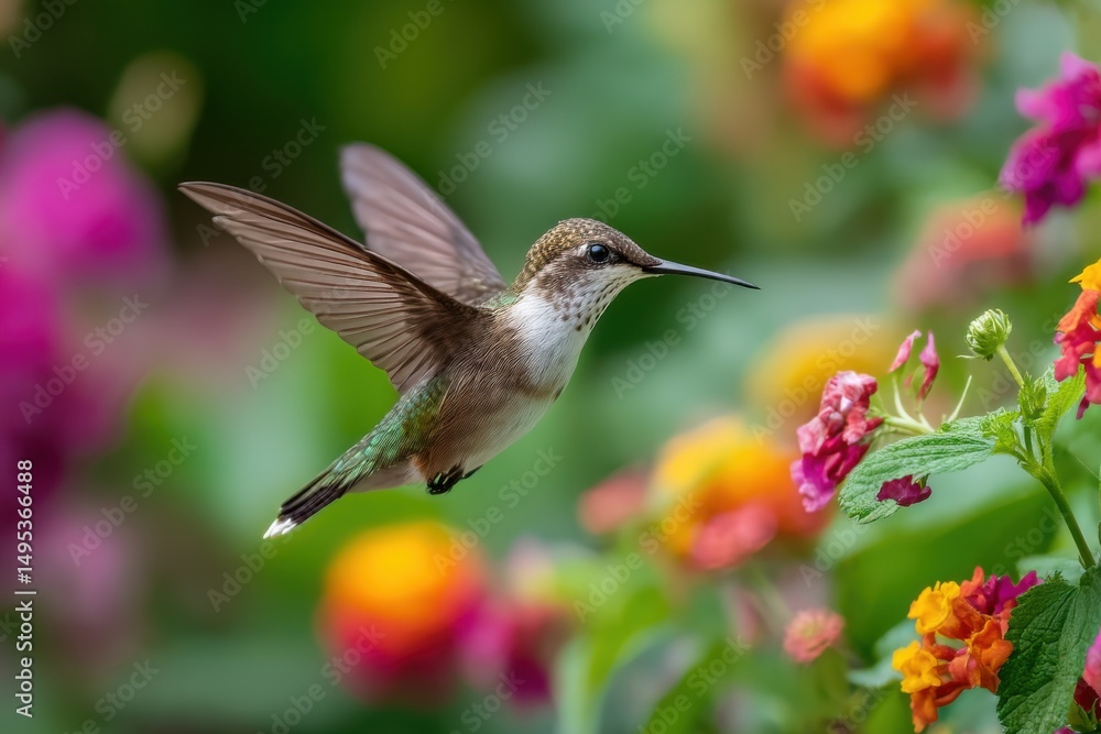 Fototapeta premium Hummingbird Flying Among Colorful Flowers in a Garden, Symbolizing Nature's Beauty and Environmental Awareness, Perfect for Conservation Campaigns : Generative AI