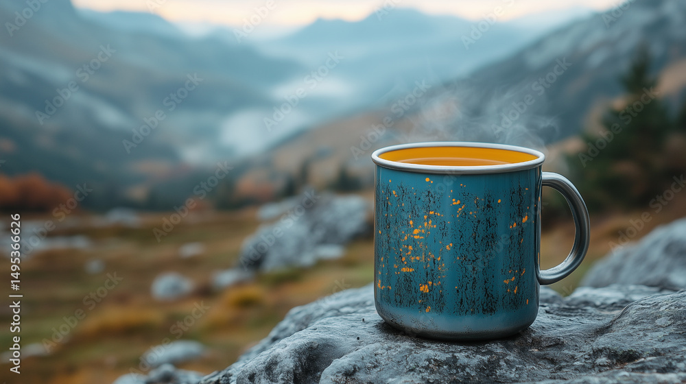Obraz premium A metal mug with a hot drink sits on a rock in a mountain landscape. Steam rises from the cup, and foggy valleys and blue ridges are visible in the distance..