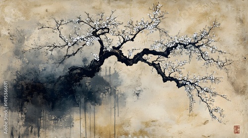 Elegant, blossoming tree artwork against a textured backdrop.