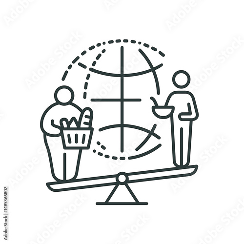 Line icon of global food inequality, with two figures on a seesaw holding grocery basket and bowl, symbolizing imbalance in food access and nutrition disparity