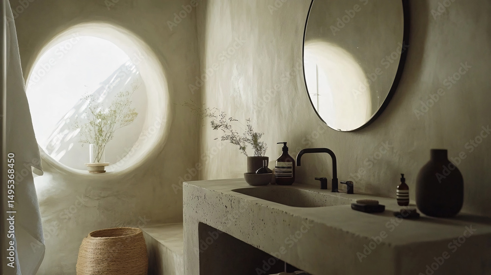 Modern bathroom interior design features a concrete sink, round mirror, and natural light. Modern bathroom interior design features a concrete sink, round mirror, and natural light.