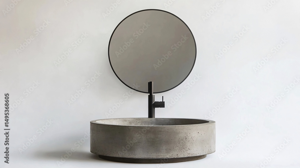 A modern concrete bathroom sink with a round mirror and black faucet against a white wall. A modern concrete bathroom sink with a round mirror and black faucet against a white wall.
