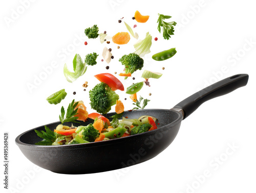 Colorful vegetables being tossed in a black frying pan.