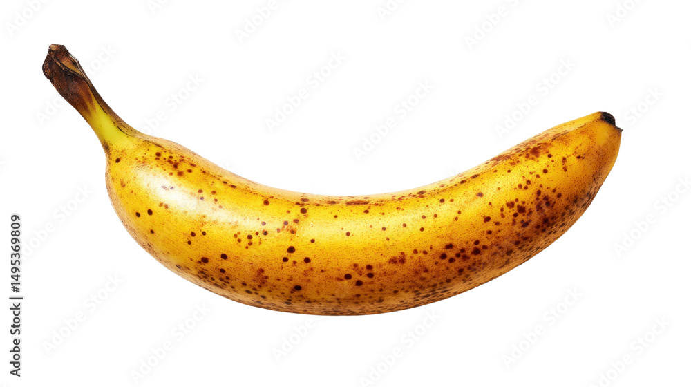 Ripe Banana: A single, ripe banana with a golden hue, speckled with brown spots, sits in isolation, its curved form exuding natural freshness, capturing the essence of healthy eating. Ripe Banana: A single, ripe banana with a golden hue, speckled with brown spots, sits in isolation, its curved form exuding natural freshness, capturing the essence of healthy eating.