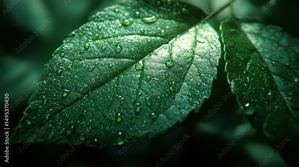 Close-up of dewy green leaf with visible veins and sparkling water droplets. Close-up of dewy green leaf with visible veins and sparkling water droplets.
