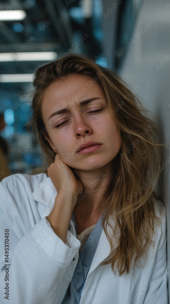 Fototapeta premium Exhausted in Lab: A weary scientist rests her head against the cold laboratory wall, closed eyes and a pensive expression revealing the strain of scientific pursuit.