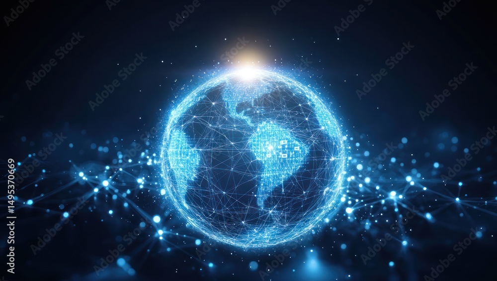 Obraz premium Global network connection, digital data flows, dark background, futuristic technology concept