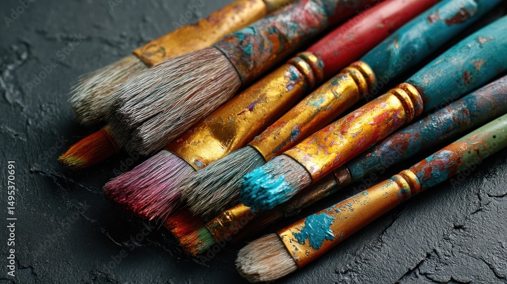 Fototapeta premium A Close-Up of Well-Used Paintbrushes