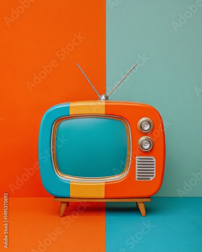 Against a vibrant backdrop, a vintage TV set is displayed in a mid-century modern media setup, illustrating retro broadcast styling for creative marketing and nostalgic interior design uses