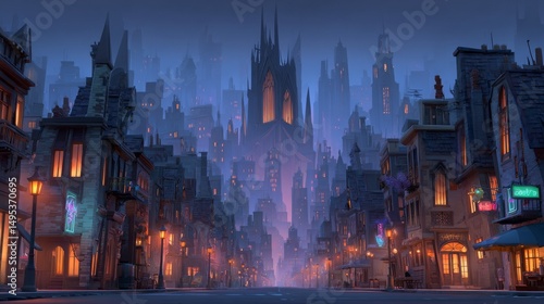 A moody and cinematic cityscape shrouded in dense fog, with dramatic lighting and deep shadows, evokes a sense of mystery and suspense amidst towering skyscrapers and dimly lit alleyways