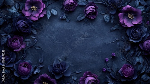 Dark blue background with purple floral arrangement, frame. Use for invitations, cards, or elegant design.
