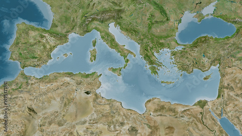 Mediterranean Sea highlighted. Satellite map
