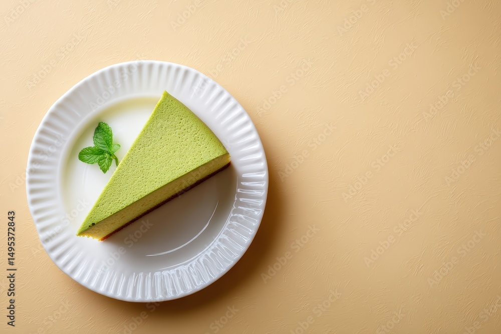Slice of vibrant green mousse cake on a white plate, garnished with fresh mint leaves, set against a soft beige background, showcasing the dessert's smooth texture and inviting appearance Slice of vibrant green mousse cake on a white plate, garnished with fresh mint leaves, set against a soft beige background, showcasing the dessert's smooth texture and inviting appearance