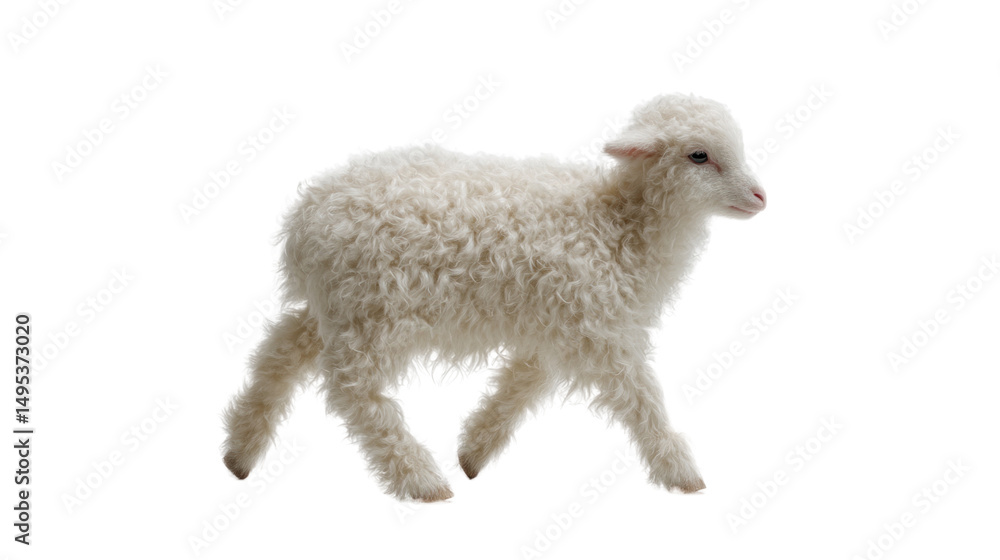 Fototapeta premium Walking Lamb: A fluffy lamb walks with its small legs across the grass, symbolizing innocence and the beauty of new life. Capturing the pure, tender, and hopeful scene.