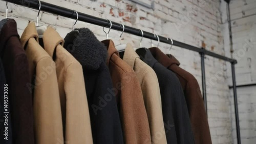 Fashionable winter coats hanging on a rack in a boutique. 