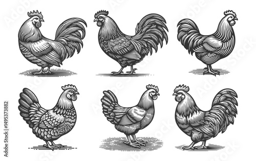 Rooster Set collection bundle sketch engraving generative ai vector illustration. Scratch board imitation. Black and white image.