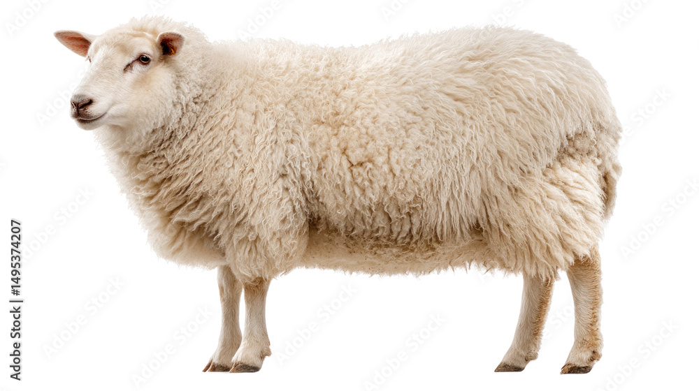 Fototapeta premium Fluffy Sheep Portrait: A fluffy white sheep stands against a white background, its thick wool and calm expression creating a serene image.