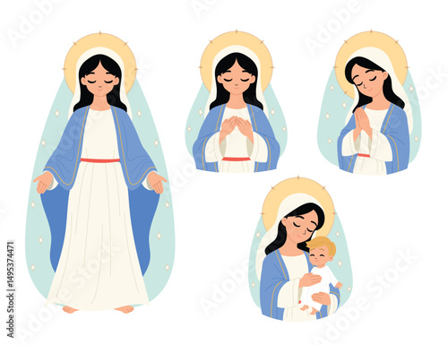 collection of Virgin Mary mother of Jesus character, St. Mary praying, blessing, hand on chest, holding young Jesus illustration