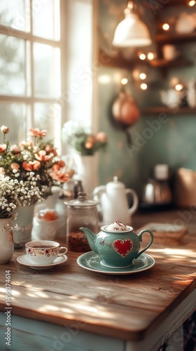 Wallpaper Mural Cozy kitchen setting with floral decor and vintage tea set during afternoon light Torontodigital.ca