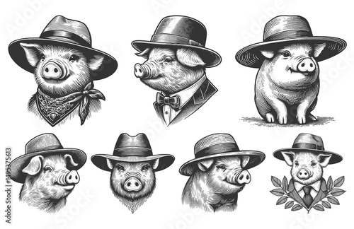 pigs dressed in hats and suits Set collection bundle sketch engraving generative ai vector illustration. Scratch board imitation. Black and white image.