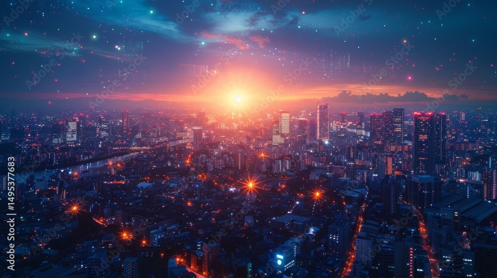 Obraz premium A panoramic view of a smart city at night, with interconnected systems managing traffic, energy, and safety. The image highlights the seamless integration of technology into urban planning and living.