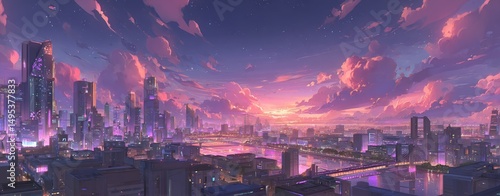 A vibrant, manually created depiction of a city in the future featuring modern skyscrapers and neon illumination, neon, urban scenery, futuristic