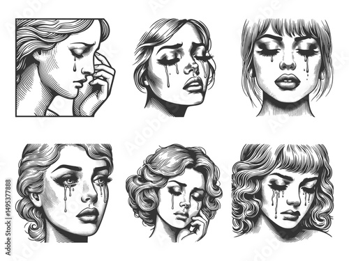 women crying showing deep sorrow and emotional distress Set collection bundle sketch engraving generative ai vector illustration. Scratch board imitation. Black and white image.