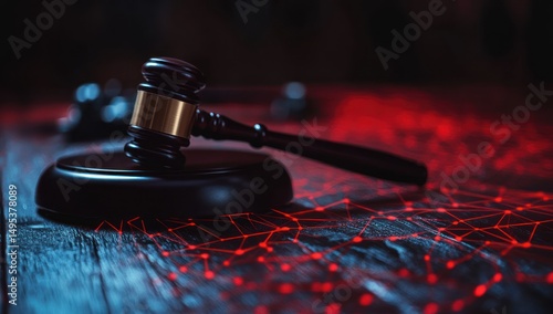 Gavel on dark wood, digital network backdrop, cybercrime concept